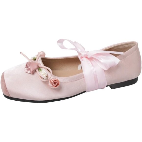 Women Pinkflower Canvas Lace Up Ankle Strap Floral Dressy Ballet Flats Shoes - Picture 1 of 7